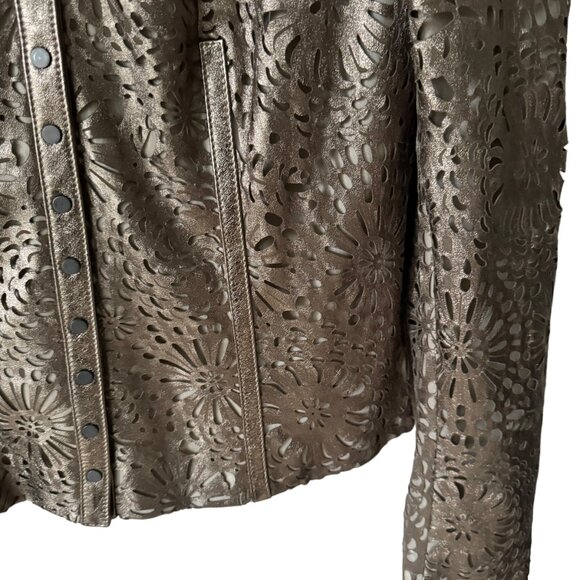 Worth Leather Jacket Sz 6 Floral Laser Cut Outs Bronze Champange Snap Front - Picture 12 of 16